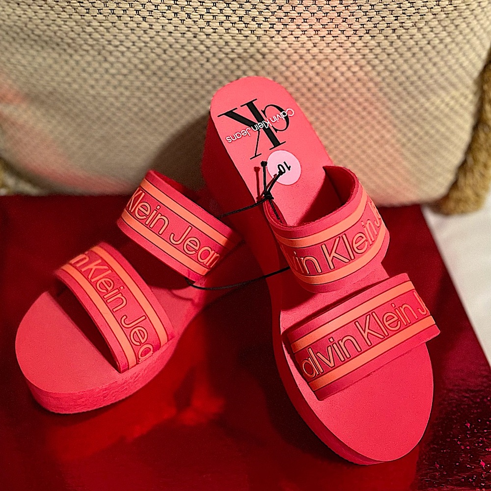Calvin Klein Logo Strap Wedge Sandal Red and Orange